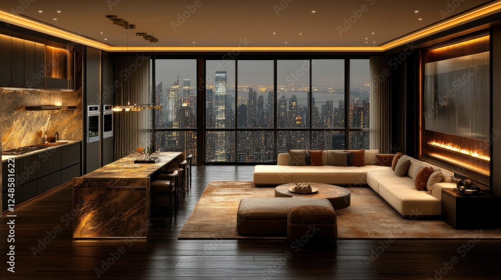 Fototapeta premium Luxury Penthouse Apartment with City View at Night