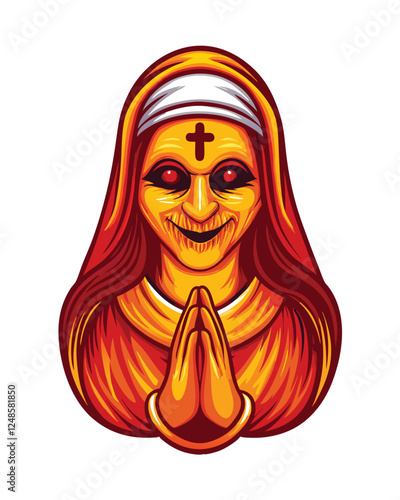 A terrifying image of a possessed nun, her dark, hollow eyes burning with malevolent energy, unsettling smile,  pale skin, and ragged habit.