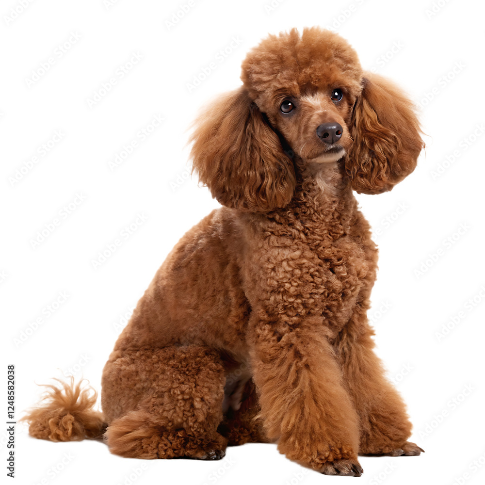 Fluffy brown poodle dog sitting isolated on transparent background Fluffy brown poodle dog sitting isolated on transparent background