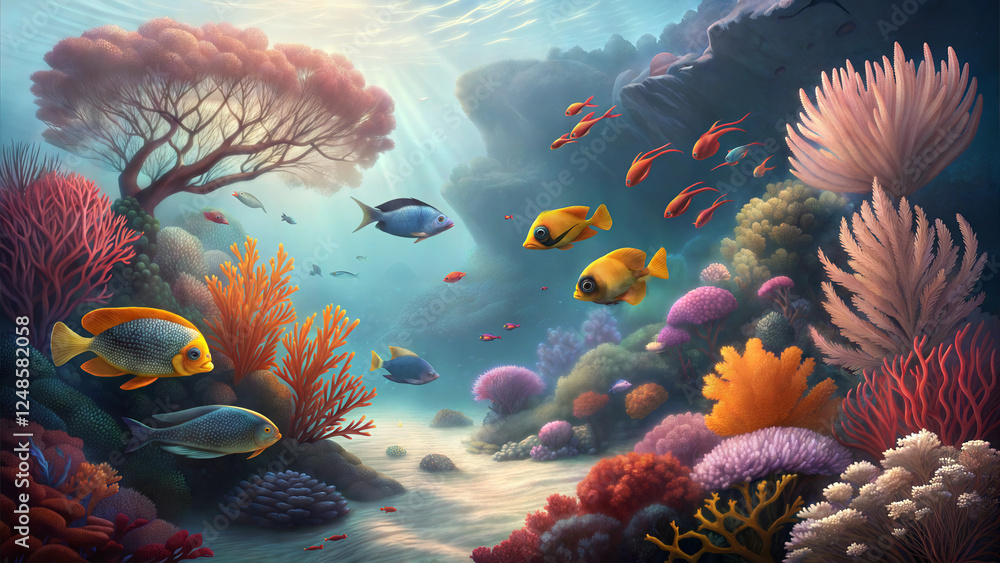 Obraz premium Vibrant coral reef with tropical fish in a magical underwater scene