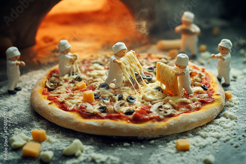 Ultra small cheese men make pizza, pizzeria, fairy tale style photo