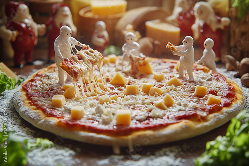 Ultra small cheese men make pizza, pizzeria, fairy tale style photo