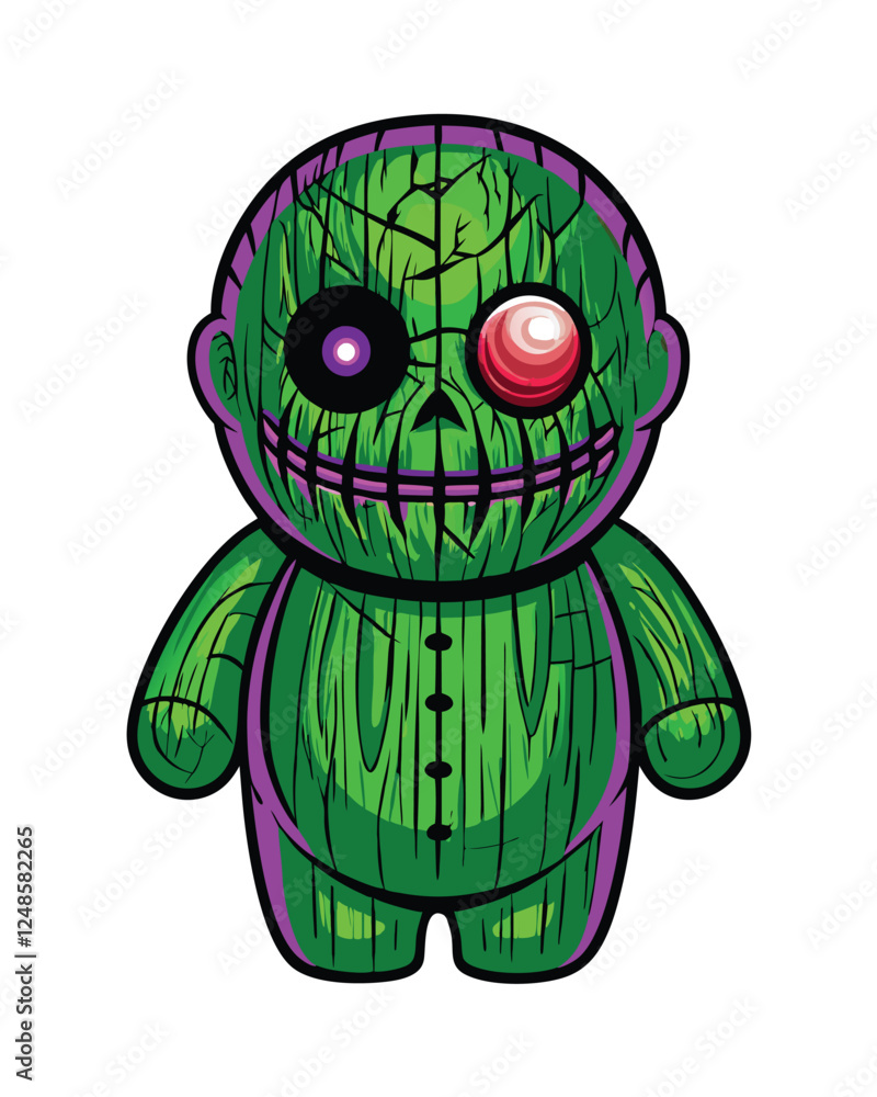 Obraz premium A terrifying image of a possessed ventriloquist dummy, its cracked face contorted in a demonic grin, showing signs of dark magic and sinister energy.