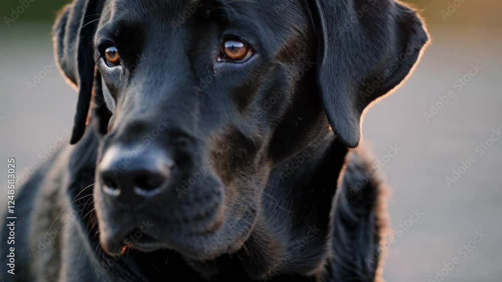 Thoughtful black Labrador retriever portrait. Thoughtful black Labrador retriever portrait.