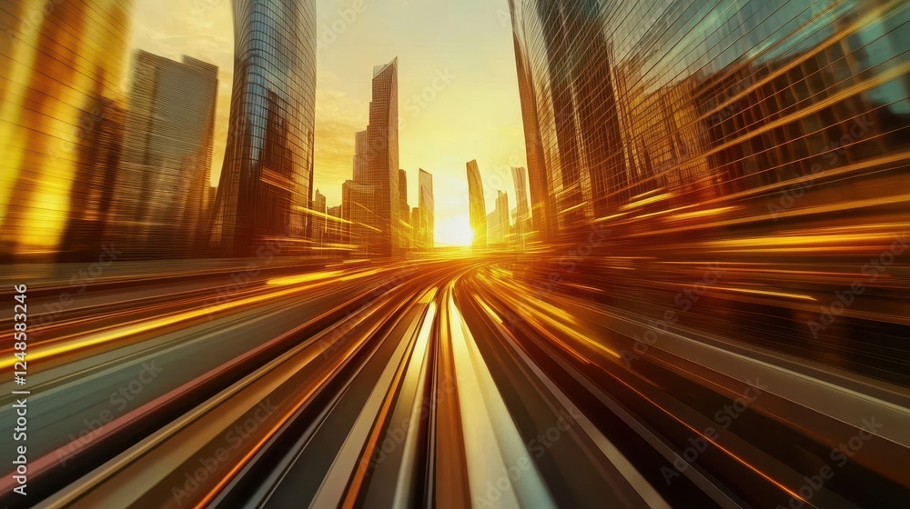 High-Speed Train Passing Through Urban Cityscape at Sunset for Futuristic Transportation Concepts High-Speed Train Passing Through Urban Cityscape at Sunset for Futuristic Transportation Concepts
