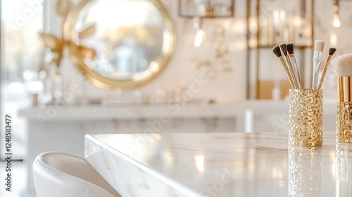 Glossy marble table surface on blurred background of modern beauty salon. Background for decorative cosmetics presentation