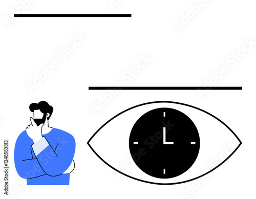 Thoughtful person in blue pondering near an eye-shaped clock design. Ideal for time management, focus, productivity, contemplation, mindfulness, strategy planning, abstract line flat metaphor