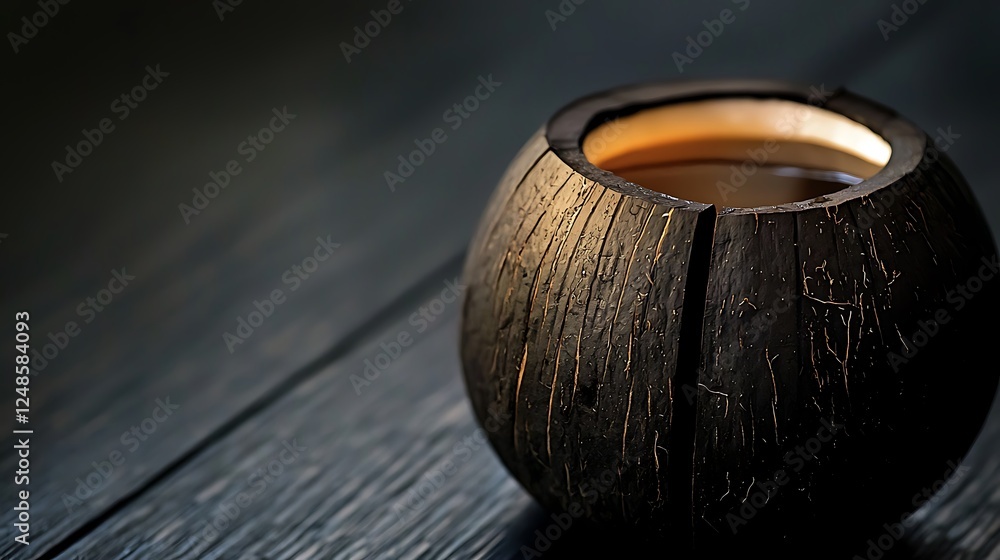 Rustic wooden cup filled with dark beverage on textured black surface, creating a cozy atmosphere Rustic wooden cup filled with dark beverage on textured black surface, creating a cozy atmosphere
