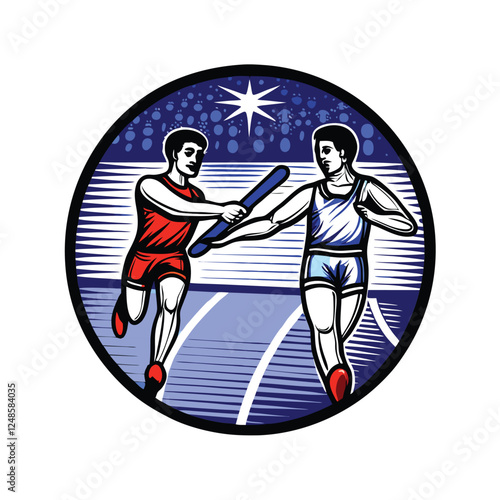A dynamic photograph capturing the intense moment of a baton exchange in a relay race, featuring an athlete in a red uniform sprinting with determination.