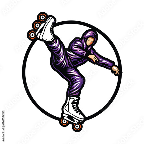 A dynamic shot of a roller skater in a vibrant purple jumpsuit executing a captivating spin, showcasing speed and grace.