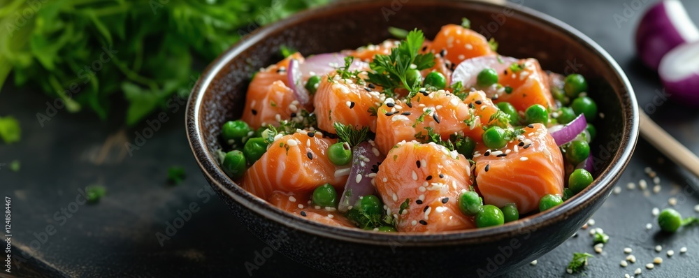 Fresh salmon salad with peas, red onion, and herbs in a dark bowl, copy space for text Fresh salmon salad with peas, red onion, and herbs in a dark bowl, copy space for text