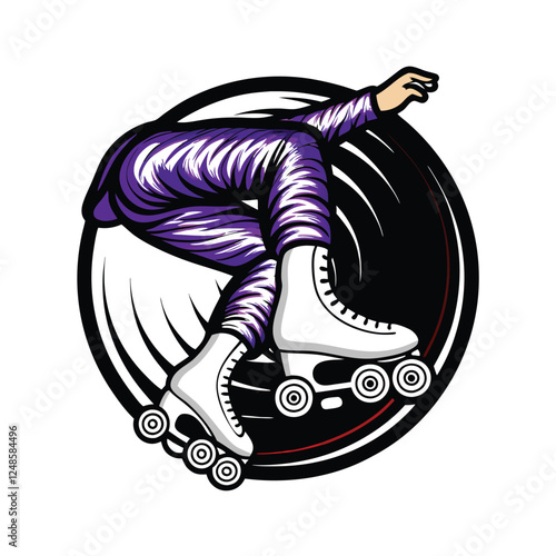 A dynamic image of a roller skater, wearing a vibrant purple jumpsuit, executing a stylish spin.  Focus on motion blur and energy.