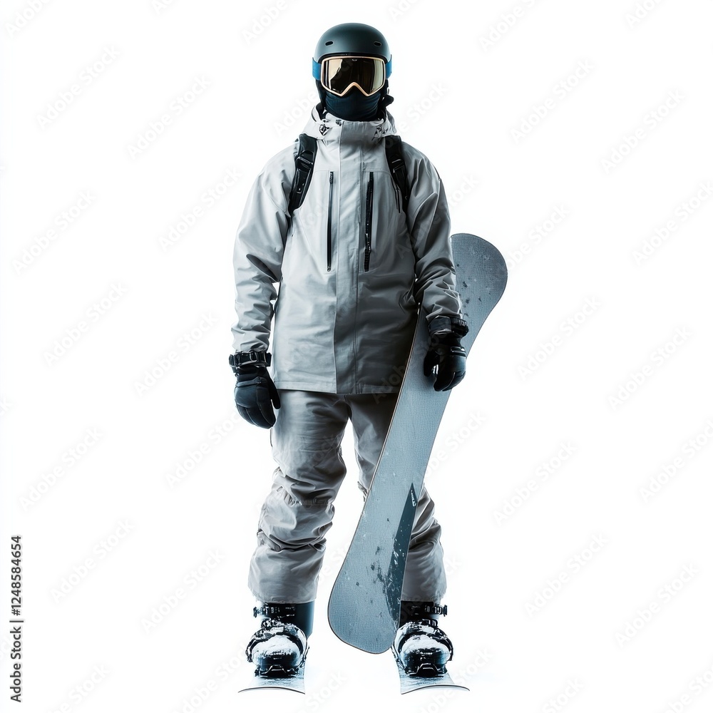 Winter Snowboarder in Gear Holding Snowboard on White Background Winter Snowboarder in Gear Holding Snowboard on White Background
