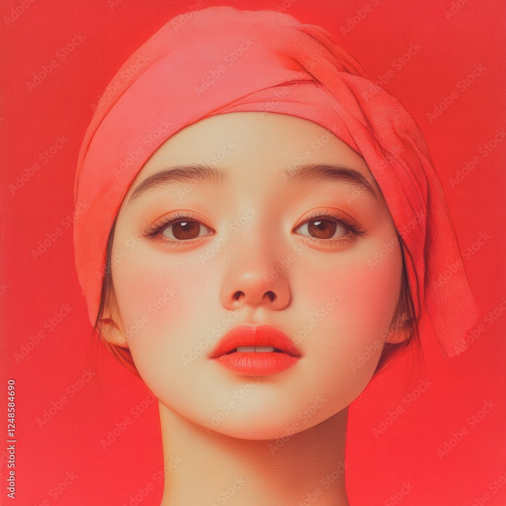 a young person with a head covering and red background a young person with a head covering and red background