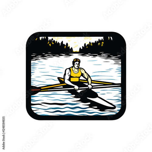 A powerful male rower, wearing a yellow tank top and black shorts, intensely focused during a rowing race.  Detailed image, realistic depiction.