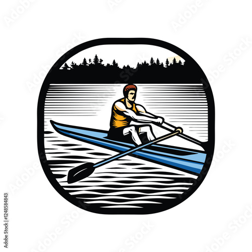 A muscular rower, wearing a vibrant yellow tank top and black shorts, powerfully pulls on the oars in a single scull.  The sun glints off the water.