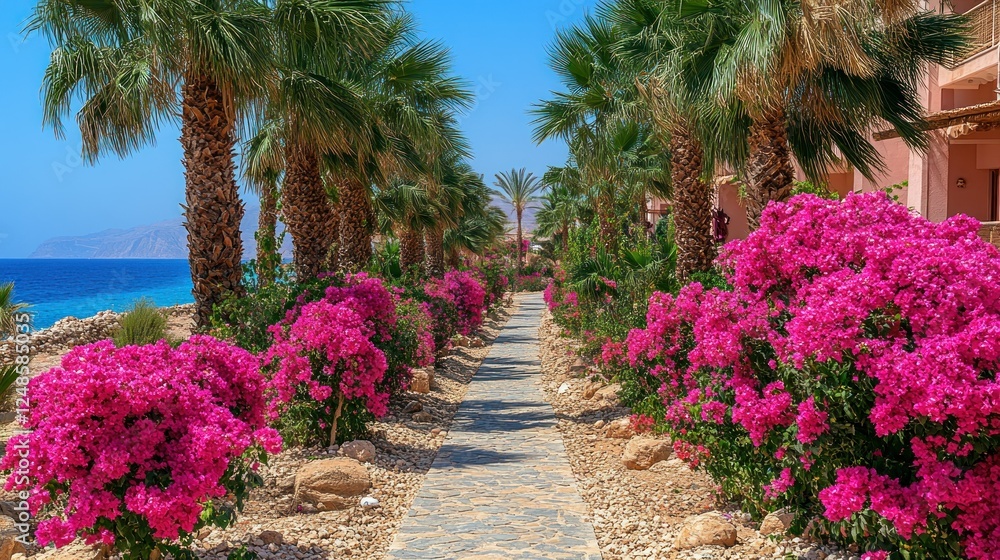 Fototapeta premium Serene Coastal Path: Palm Trees, Bougainvillea, and Ocean View