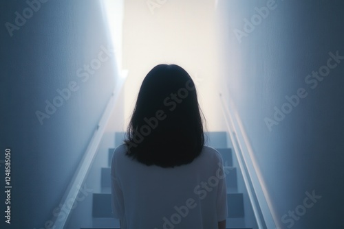 a woman stands on a staircase