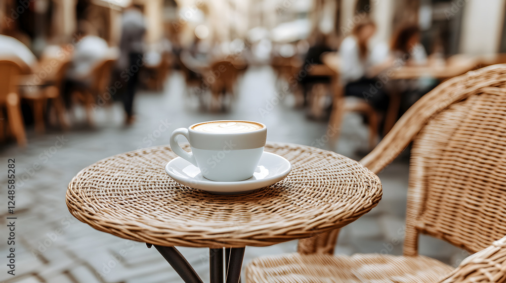 Coffee Cup on a Café Table in a Bustling Street Scene Coffee Cup on a Café Table in a Bustling Street Scene