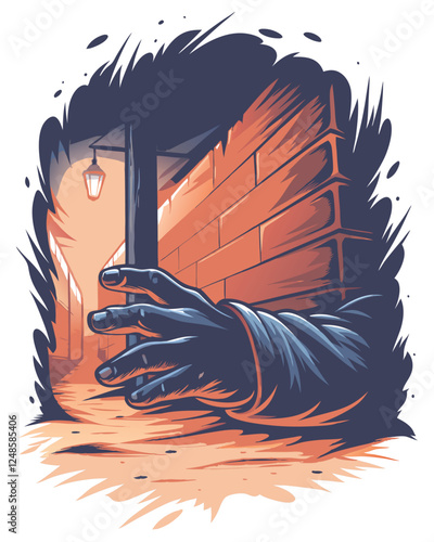 A shadowy, elongated-fingered figure stealthily creeping in the dark;  emphasize ominous atmosphere and unsettling detail.