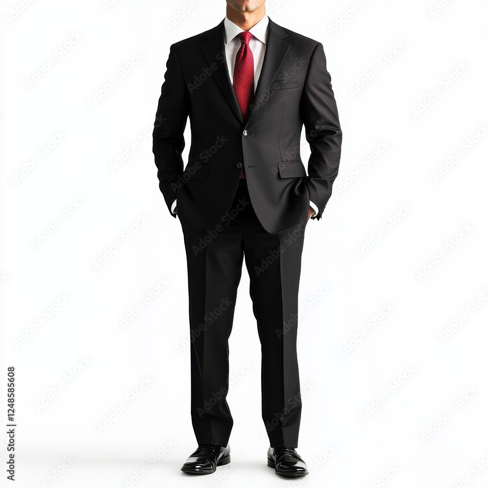 Elegant Man in Classic Black Suit with Red Tie Against White Background Elegant Man in Classic Black Suit with Red Tie Against White Background