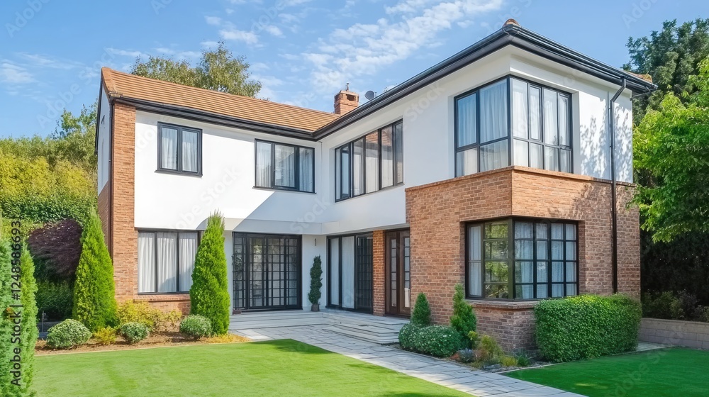 A beautiful detached house with a modern design, surrounded by a well-maintained garden, captured in natural daylight A beautiful detached house with a modern design, surrounded by a well-maintained garden, captured in natural daylight