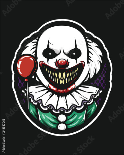 A terrifying clown with a wide, sharp-toothed grin, unsettling eyes, and ragged clothing; sinister and menacing, in a dark, dimly lit setting.