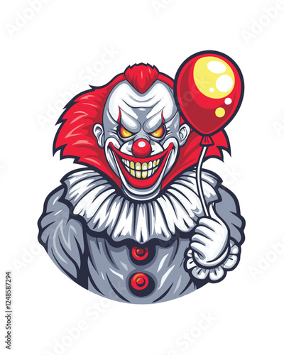 A terrifying clown portrait; wide, sharp-toothed grin, sinister expression, dark makeup, unsettling eyes, detailed features.