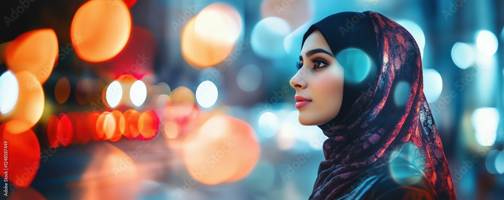 Portrait of a woman in hijab against a vibrant city backdrop with bokeh lights, copy space for text Portrait of a woman in hijab against a vibrant city backdrop with bokeh lights, copy space for text