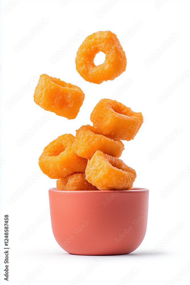 floating slices of crispy fried calamari, isolated on white background. floating slices of crispy fried calamari, isolated on white background.