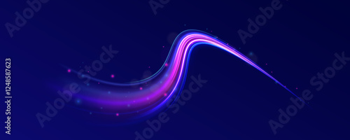 Creative vector illustration of flying cosmic meteor, planetoid, comet, fireball isolated on transparent background. Effect, png, wave,neon,line. Light arc in neon colors, in the form of a turn. 