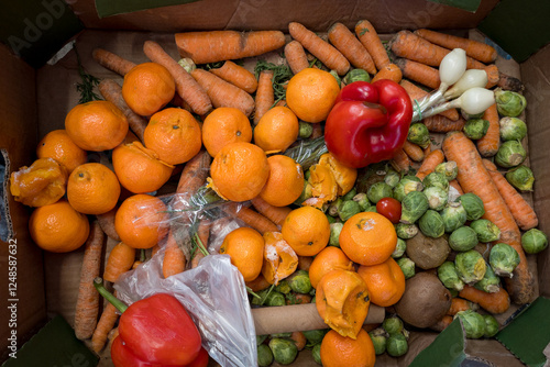Fotografija Dirty boxes with rotten vegetables and fruits
