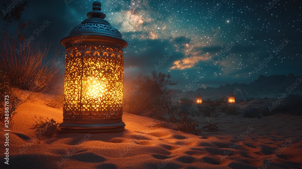 Fototapeta premium A beautifully illuminated lantern casting warm light on sandy dunes under a starry night sky, creating a serene desert atmosphere