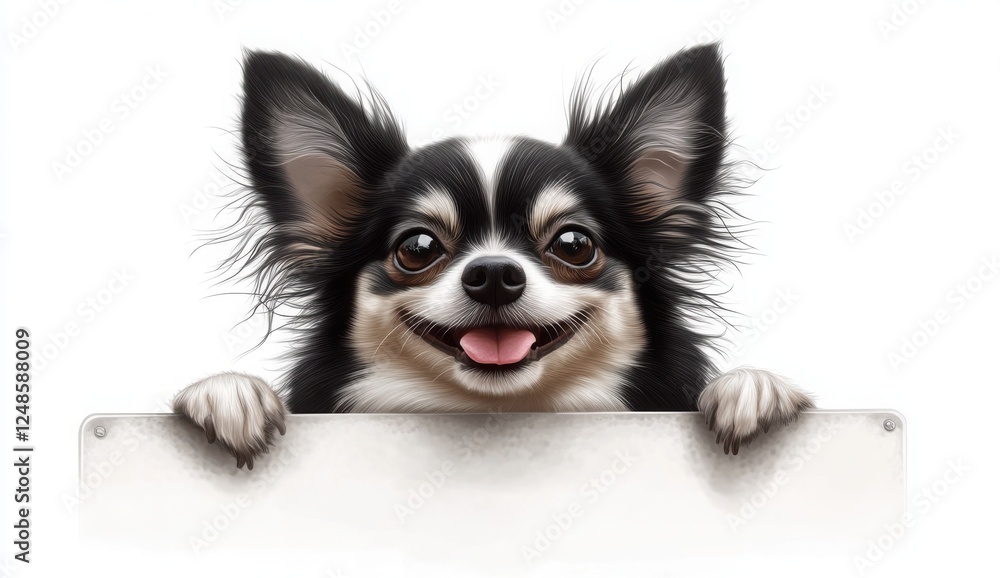 Chihuahua Peeking Over Sign: A adorable black and white chihuahua dog with big, curious eyes peeks over a blank sign with a happy, playful expression. Chihuahua Peeking Over Sign: A adorable black and white chihuahua dog with big, curious eyes peeks over a blank sign with a happy, playful expression.