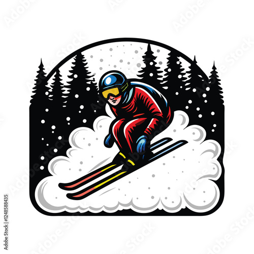 A dynamic image of a skier in a vibrant red and black racing suit, blurred for motion, speeding downhill on a snowy slope.