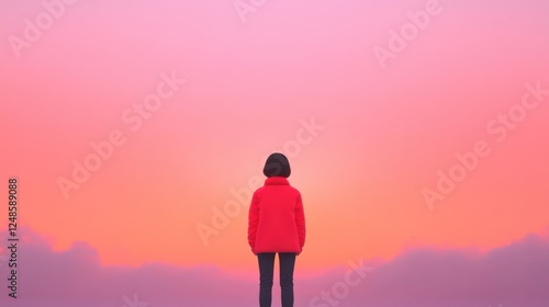 woman in red jacket stands against pink and orange sky.