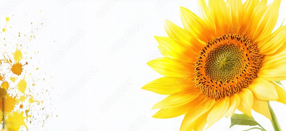 Obraz premium Vibrant sunflower with artistic splashes of yellow paint on white background, copy space for text