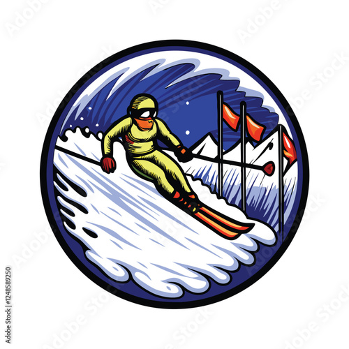 A dynamic image of a slalom skier in a vibrant neon yellow racing suit expertly navigating three gates during a competitive downhill race.