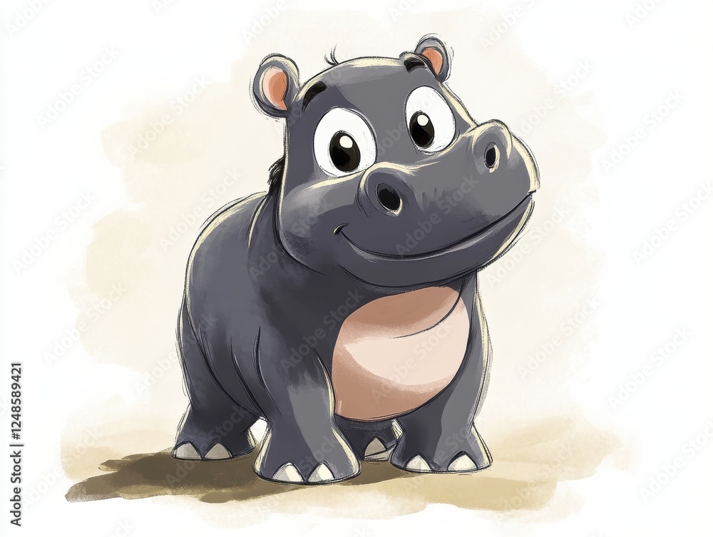 Naklejka premium Happy cartoon hippo with a friendly smile on a light background