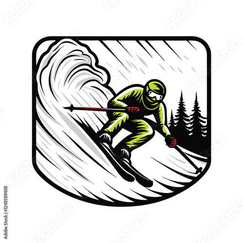 A vibrant neon yellow-suited slalom skier gracefully navigates a challenging, snow-covered slope, demonstrating speed and precision.