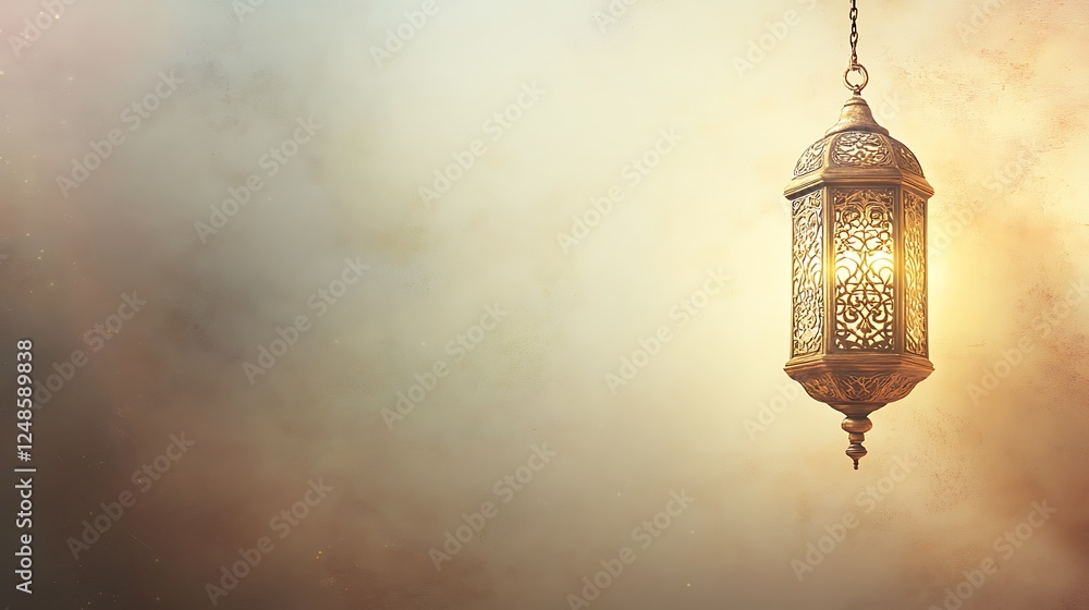 Illuminated Ornate Lantern Hanging Against Soft Background Illuminated Ornate Lantern Hanging Against Soft Background