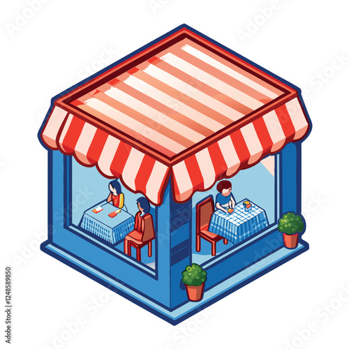 A charming, small café with a vibrant red and white striped awning, inviting atmosphere, cozy interior, outdoor seating.