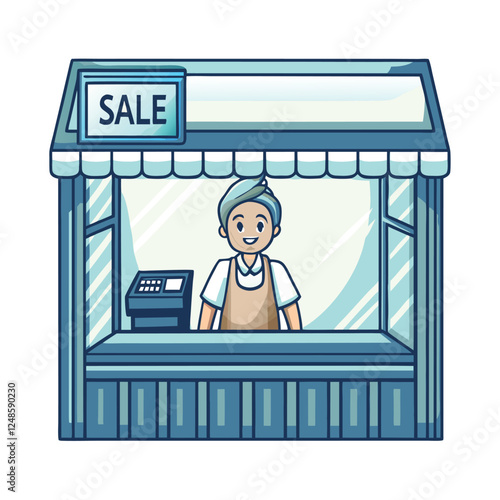 A cheerful small business owner, wearing a brown apron, smiles warmly while tending to their shop.  High-resolution, detailed image.