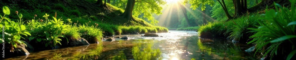 Sun-dappled river flows through lush green spring forest, bright, sunlight, riparian Sun-dappled river flows through lush green spring forest, bright, sunlight, riparian