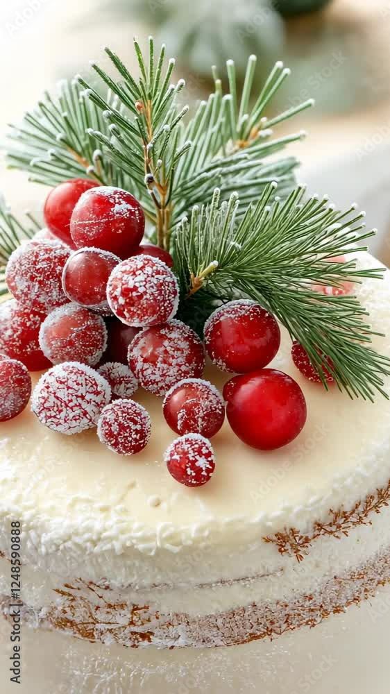 Delicious frosted cake topped with vibrant cranberries and evergreen sprigs dessert holiday festive food Delicious frosted cake topped with vibrant cranberries and evergreen sprigs dessert holiday festive food