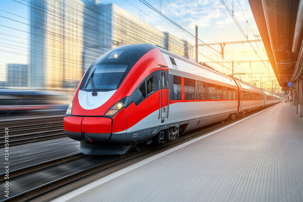 Naklejka premium High-Speed Red Train in Motion on Airport Station Platform with Blurred Background and Dynamic Sunlight Lighting Effects Showcasing Modern Design. Generative Ai