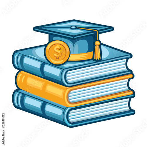 A stack of economics textbooks topped with a graduation cap, signifying achievement in the field of economics.