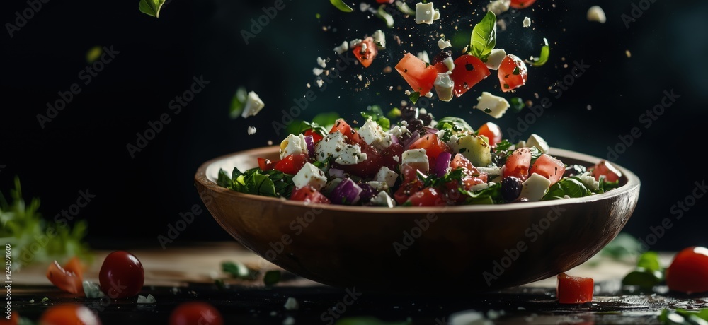 Fresh vegetable salad with tomatoes, cucumbers, and feta cheese in wooden bowl, copy space for text Fresh vegetable salad with tomatoes, cucumbers, and feta cheese in wooden bowl, copy space for text
