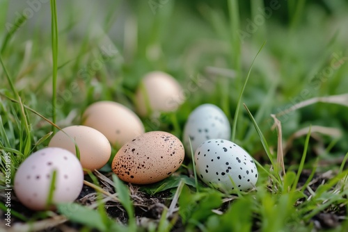 Egg hunt in the garden, easter eggs in fresh green grass, close-up, evoking springtime and outdoor family egg hunt celebrations.
