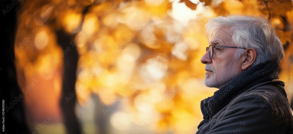 Fototapeta premium Thoughtful elderly man in profile against autumn foliage background, copy space for text
